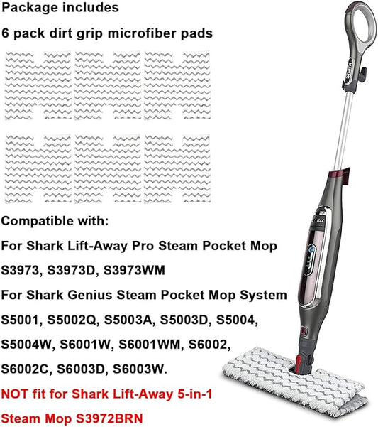 Extolife 6 Pack Steam Mop Pads Replacement P184WQ for Shark Genius Steam Mop S5003D & Lift-Away Pro Steam Mop S3973 S3973D S3973WM S5001 S5002Q S5003A S5004 S5004W S6001W S6001WM S6002C S6003D S6003W