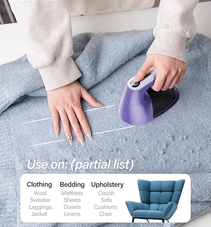 Bymore Fabric Shaver, Lint Shaver, Sweater Shaver for Clothes, Purple | Large 65mm head and six-leaf blades cover more area in fewer passes for fast, even care on sweaters, couches and furniture - Image 5
