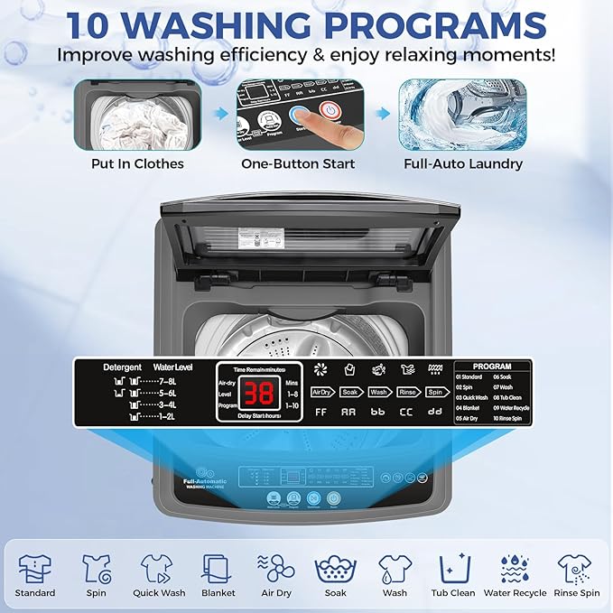Nictemaw Portable Washing Machine, 20Lbs Capacity Full-Automatic Portable Washer, 2.8Cu.ft Washer and Dryer Combo with 10 Programs 8 Water Levels Laundry Machine for Apartments-Slow-Close Glass Cover