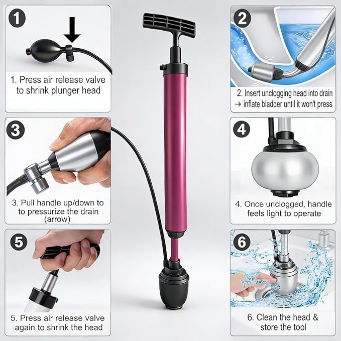 Manual Drain Unclogger with Adaptive Inflatable Plug, Fits NPS1.5~4.5" Pipes for Toilet/Sink/Bathtub, No Extra Accessories, Hand Pump Pressure & Washable, Lightweight Toilet Plunger & Drain Auger Tool