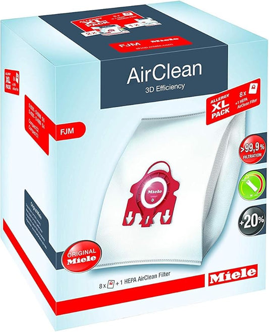 Miele Original Allergy XL Pack AirClean 3D FJM Vacuum Cleaner Bags, 8 x Bags, 1 x HEPA Filter