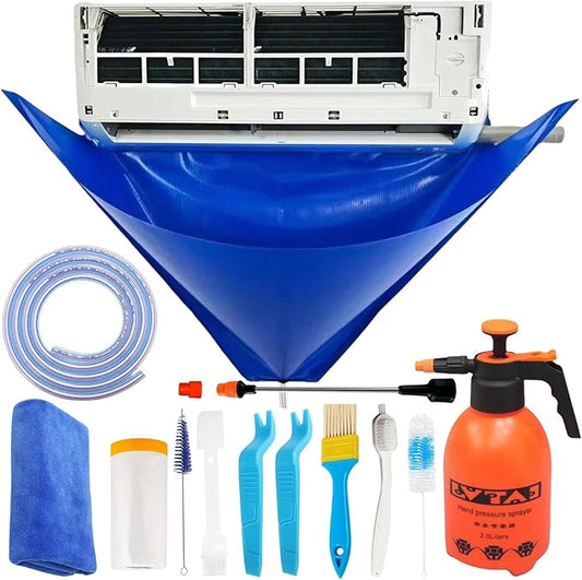 Oiktylr 13Pcs Mini Split Cleaning Kit Bag with 2L High Pressure Sprayer, Air Conditioner Cleaning Kit with Waterproof PVC AC Cleaning Cover Bib with 10pcs HVAC Cleaning Tools, Large