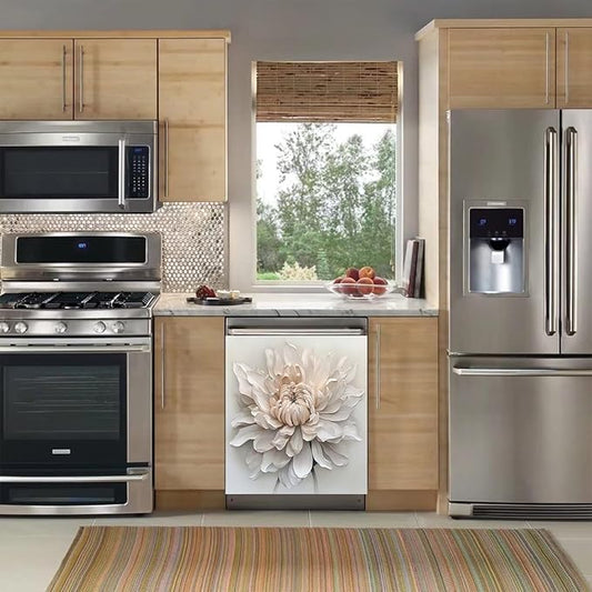 White Floral Magnetic Dishwasher Cover 23x26 | Reusable Appliance Skin for Dishwasher, Fridge, Washer | No-Residue Vinyl, Renters-Friendly, Scratch Hider | Housewarming