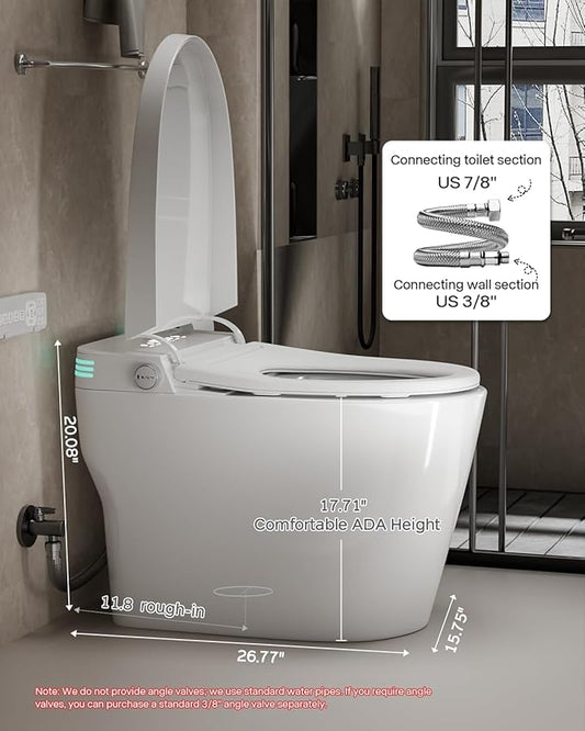 Smart Toilet with Bidet Built In, ADA Comfort Height, One Piece Elongated Toilet with Tank Built in,Pump, Auto Open Close Quiet Flush, Foam Shield, Voice Control Heated Seat, Instant Warm Water
