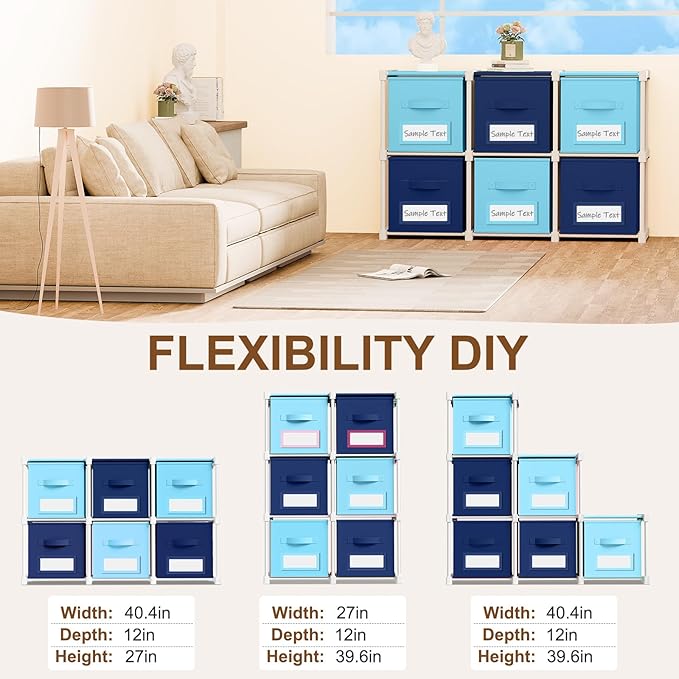 Geelin 6 Sets Cube Storage Organizer Bins with Shelf & Labels 11 Inch, Fabric Collapsible Cubby Toys Clothes Storage Drawer Unit for Daycare Nursery Playroom Bedroom Dorm Organizer (Blue Mix)