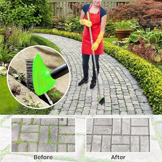 3-in-1 Weed Brush Tool Set, Adjustable Long Handle Crack Weeder & Moss Remover for Driveway, Patio, Sidewalk - Stainless Steel Crevice Cleaning Kit (2 Sets)