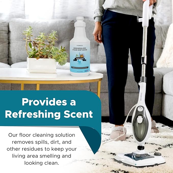 Steam & Go Demineralized Water - Multisurface Cleaner, PVC-Free Ready-to-Use for Mops & Floor Steamers - Ideal for Kitchen, Bathroom, & Home Surfaces - Clean Ocean Scent - 32oz (Pack of 18)