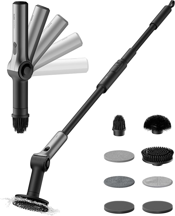 HOTO Flexi™ Cordless Electric Spin Scrubber, Adjustable Angle, Extendable Handle, Smart Display, IPX7 Waterproof, Powerful Cleaning Scrubber with 8 Replaceable Brush Heads, for Bathtub, Bathroom, Tile
