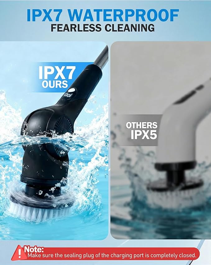 Electric Spin Scrubber, 3-Speed Cordless Shower Scrubber with Long Handle & 10 Replaceable Brush Heads, 90 Mins Runtime & Full-Body IPX7 Waterproof Shower Cleaner Brush for Bathroom Kithchen