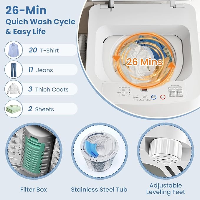 VCJ 17Lbs Portable Washing Machine, Full-Automatic Top Load Washer with 10 Wash Cycles, 3 Water Levels & LED Display, Compact Electric Laundry Washer for Apartment, Dorms, RVs and Camping
