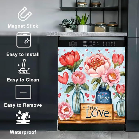 Blooming Pink Flowers Magnet Dishwasher Cover Vinyl Decal for Dishwasher Valentine's Day Flowers Refrigerator Magnet Cover Love Hearts Kitchen Panel Decal Sticker, 23x26 inch Magnetic
