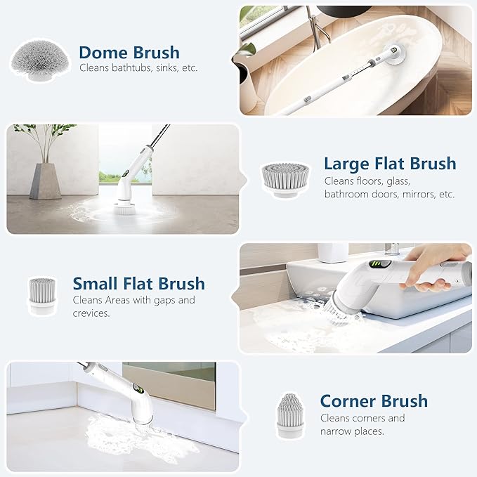 Electric Spin Scrubber, 2024 New Full-Body IPX7 Waterproof Cordless Bathroom Scrubber with 4 Replaceable Heads, Adjustable Extension Handle, Shower Cleaning Brush for Bathtub, Grout, Tile, Floor