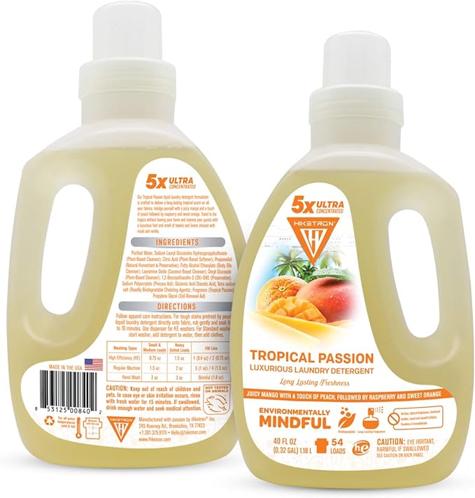 Hiketron Tropical Passion Liquid Laundry Detergent, 5x Ultra Concentrated, Tough Stains Remover, Long Lasting Scent (80 Fl Oz, Pack of 2)