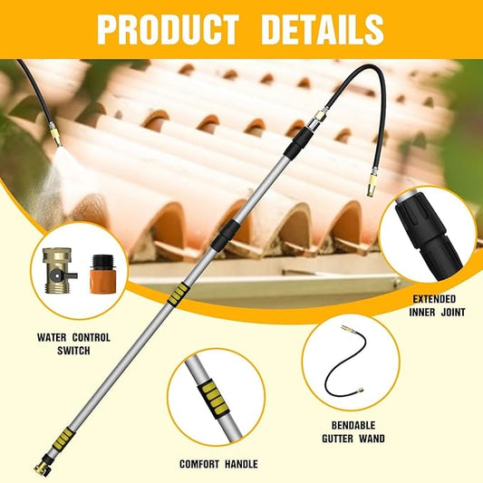 Gutter Cleaning Tools from The Ground, 12FT(20FT Reach) Rain Cleaner with Bendable Wand and Quick Connect Adapter for Garden Hose