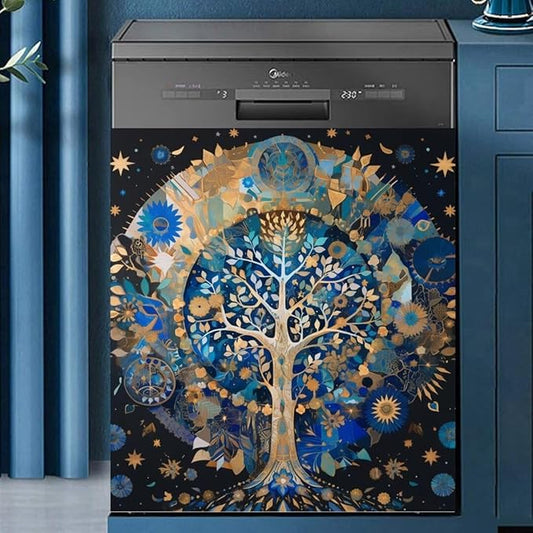 Tree of Life Dishwasher Cover Vinyl Fridge Panel Decal, Mandala Style Refrigerator Front Door Cover, Tree of Life Cabinet Sticker for Home Appliance Decor (23" W x 26" H Ordinary)