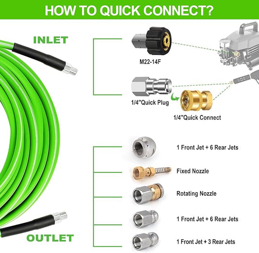 West Bay Sewer Jetter Kit 100 FT for Pressure Washer, 5800 PSI Drain Cleaner Hose 1/4 Inch NPT Corner Rotating and Button Nose Sewer Jetting Nozzle Spanner Watertight Tape Pearl Corsage Pin(Green)