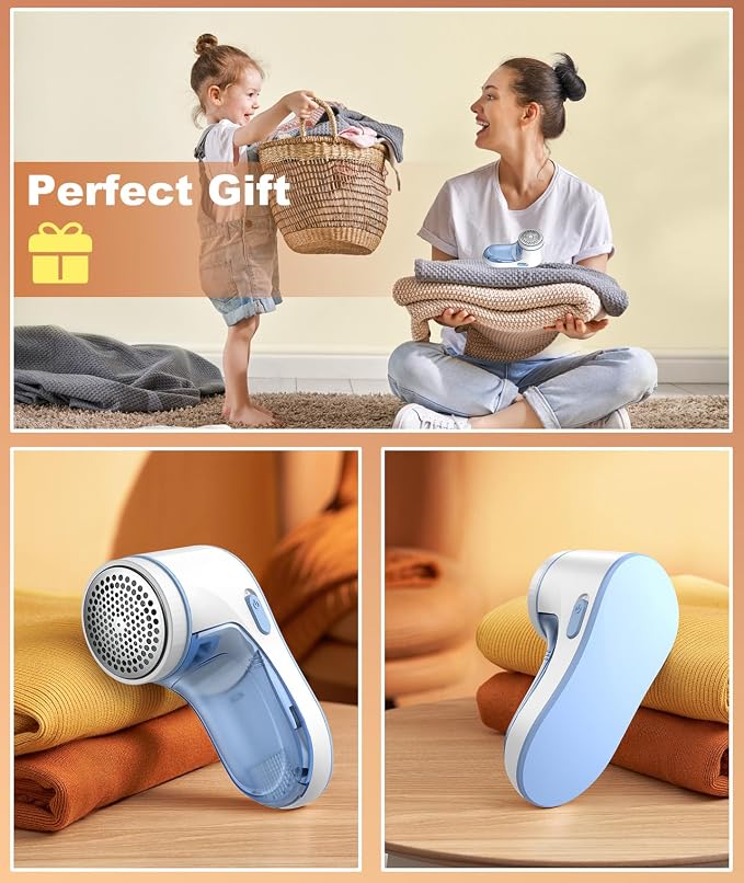 Fabric Shaver, Lint Remover for Clothes, Effectively and Quickly Remove Pills, Sweater Shaver with Stainless Steel 3-Leaf Blades and Safety Lock Protection.(Blue & White) - Image 7