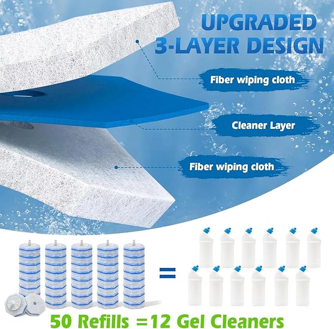 60 Pack Disposable Toilet Brush Refill Heads, 3-Layer Dissolvable Cleaning Pads with Detergent, Universal Fit for Most Toilet Wand Handles, Bathroom Cleaning Supplies, Bulk Value Pack