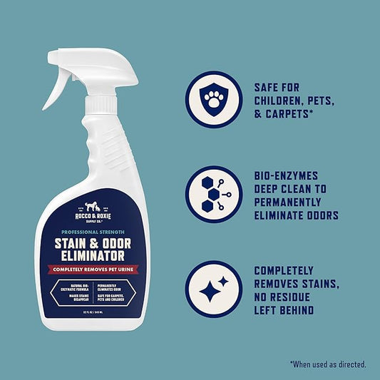 Rocco & Roxie Supply Co. Stain & Strong Odor Eliminator, Enzyme Cleaner, Pet Odor Eliminator for Home - Carpet Stain Remover for Cats & Dog Pee - Urine Destroyer - Carpet Cleaner Spray Clear, 32 Fl Oz