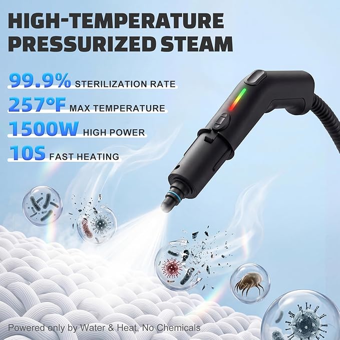 Handheld Steam Cleaner with On-Handle Control & Digital Display | 3 Level Pro Steam for Grease, Tile, Carpet | 45oz Tank, 10 Attachments for Home, Car, Kitchen Deep Cleaning (White)
