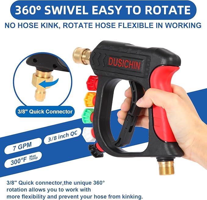 DUSICHIN Pressure Washer Short Wand High Power Spray Gun 5 Nozzle Tips Car Wash Foam Gun Foam Cannon Attachment 1/4" Quick Connector Outlet,3/8'' M22-14mm M22-15mm Fitting,Not Use with Garden Hose
