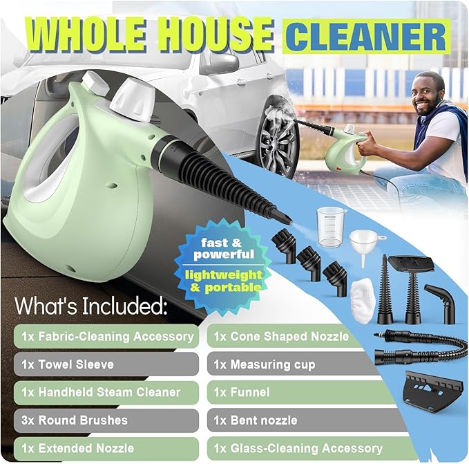 Steam Cleaner, Powerful Pressurized Handheld Steam Cleaner for Home with 11-Pc Set – Chemical-Free Multi-Surface Steamer for Effective Cleaning, Perfect for Furniture, Upholstery, Grout, Couch & Car