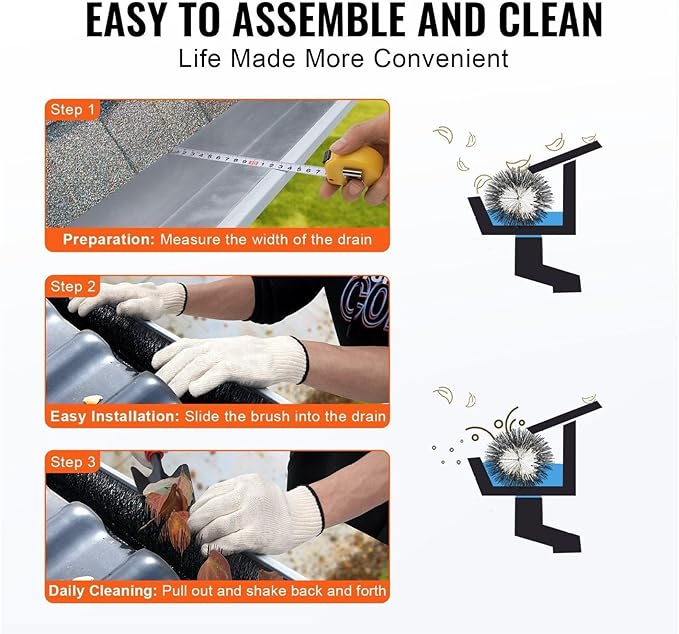 Gutter Brush 80ft, 4.33 Inch Gutter Cleaning Tools for 5 Inch Gutters, Leaf Guard, Prevent Clogs, DIY Install, Roof Debris Removal