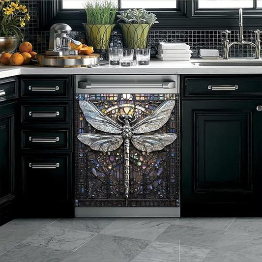 Retro Dragonfly Dishwasher Magnet Cover, Modern Art Deco Fridge Panel Magnetic Decal Home Kitchen Decor, Reusable Dishwasher Covers,23 x 26 inch