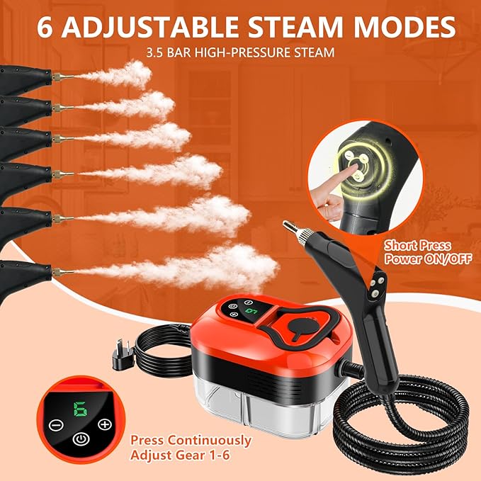 Steam Cleaner for Home & Car - 1200ML Water Tank 15s Heat-Up Portable Steamer for Cleaning, 6 Level Handheld Steam Cleaner for Car Detailing with 6 Accessories for Furniture, Grease, Carpet, Grout