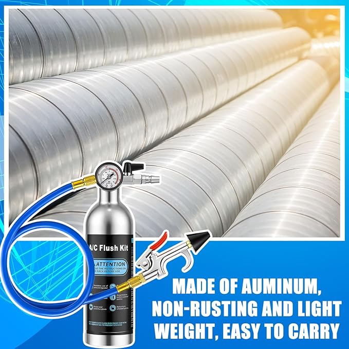 AC Flush Kit Air Conditioner System Flush Canister Kit AC Drain Line Cleaner Tool Conditioning Pipeline Set with Gauge, Air Fittings and Hose for Car Conditioner Pipe(Blue,Classic)