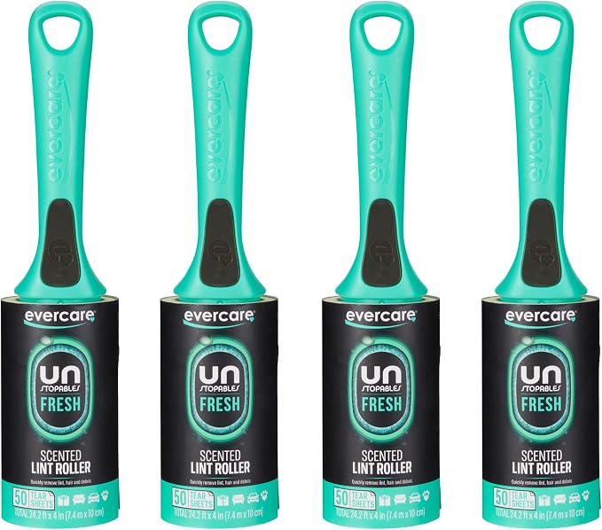 Evercare with Unstopables Fresh Scent All-Purpose Lint Roller, 4-Pack, 50 Layers Per Roller, Total 200 Sticky Sheets, Pet Hair & Lint Remover by Evercare