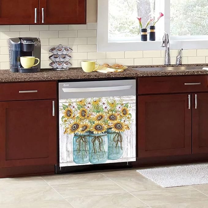 Farm Sunflower Dishwasher Cover Magnet Sticker, Vase Sunflowers Fridge Decal Magnetic Panel, Farm Style Vinyl Home Appliance Cover, Magnetic 23"x17"INCH