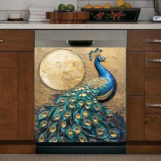 Peacock Kitchen Decor Dishwasher Magnet Cover Decal, Moon Magnetic Dish Washer Panel Door Vinyl Sticker, Refrigerator Magnets,Easy to Clean, 23 x 26 inch