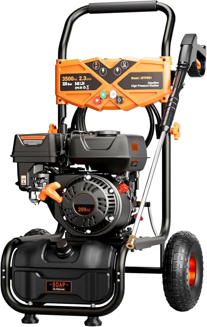 3500PSI Gas Pressure Washer, 2.3GPM Gas Powered High Pressure Washer with 209CC Engine, 4 Adjustable Nozzles, 25 ft High Pressure Hose for Cleaning Walls, Terraces, Vehicles, Gardens (Orange)