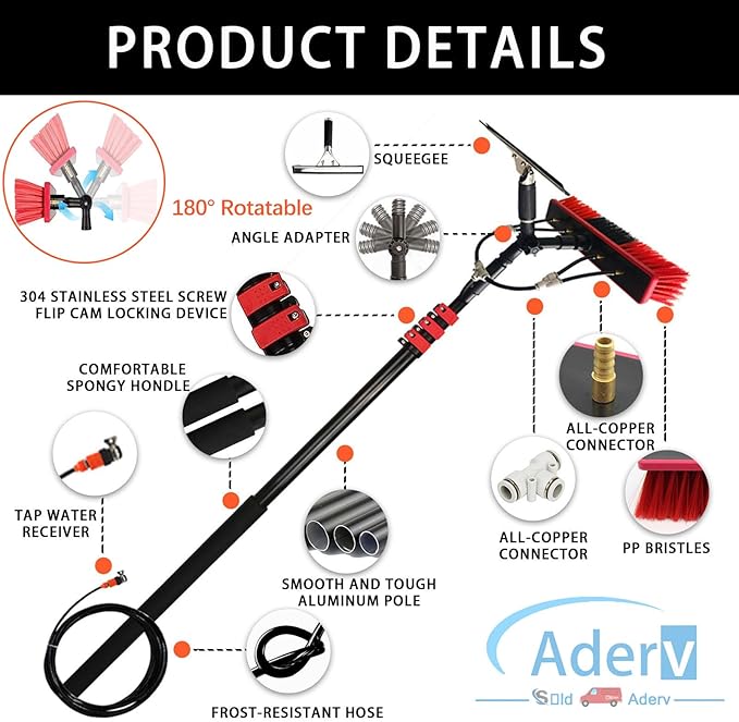 3.6-10.8 M Washing Kit: Water-fed Brush,Squeegee,Soap Dispenser, Window Cleaning Pole, Water Fed Telescopic Brush, Window Cleaner Equipment, Car Cleaning Brush (55cm Brush,9M)