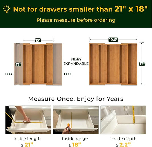 Carbonized Bamboo Kitchen Drawer Organizer, 5 Slots Expandable Silverware Organizer, Utensil Holder & Cutlery Tray, 2.2" Deep for Extra Capacity, Non-Slip Feet Included.