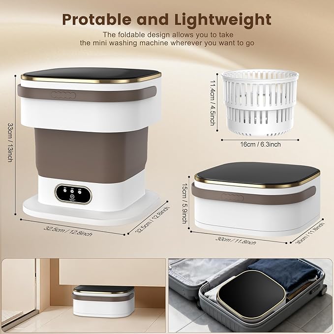 Portable Washing Machine, 15L Mini Washing Machine with Spin Basket & 3 Cleaning Modes for Small Clothes,Foldable Mini Washer for Apartments, Dorms, Camping (Khaki)