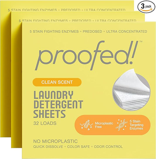 Proofed! Laundry Detergent Sheets, 96 Count, Clean Scent, The Only 100% Plastic-Free Sheet, No PVA or PVOH, Hypoallergenic, Bio-Based Ingredients, Made in USA, 3 Boxes
