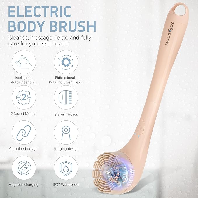 Electric Body Brush, Waterproof Back Scrubber for Shower with Long Handle and 3 Heads, Rechargeable Exfoliating Brush for Body and Foot, Deep Cleansing Massager, Pink