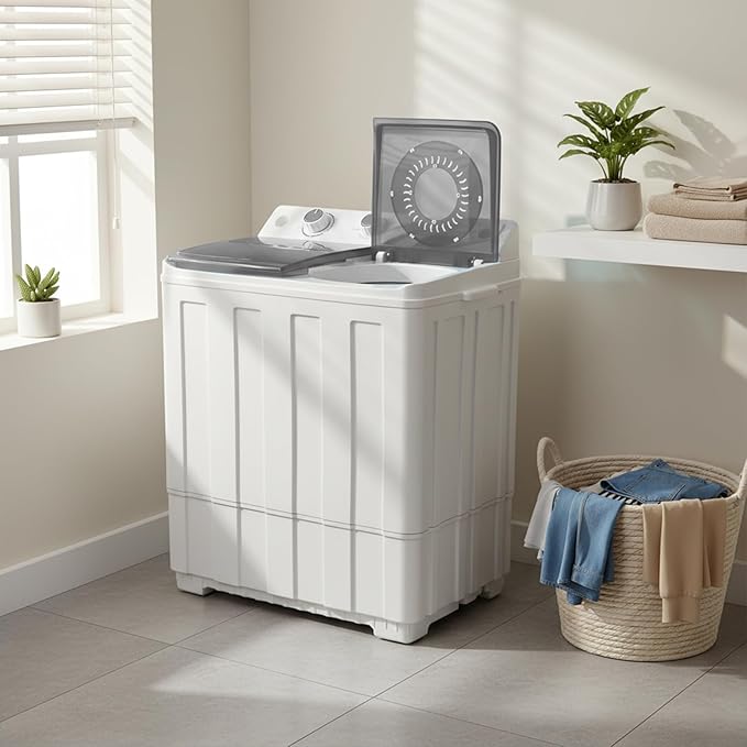 Portable Washing Machine Twin Tub - 14lbs Compact Washer (9,5lbs) and Spinner Dryer (4.5lbs) Combo with Drain Pump - Semi Automatic Washing Machine for Apartments, Dorms, RVs, Camping - Grey