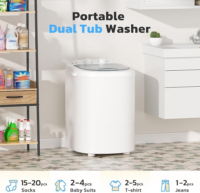 INTERGREAT Portable Washing Machine, 5.5 Lbs Compact Mini Portable Washer, 110V Single Tub Laundry Washer Machine for Apartments, Dorms, Traveling, RV, Grey