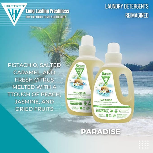 Hiketron Paradise Liquid Laundry Detergent, 5x Ultra Concentrated, Tough Stains Remover, Long Lasting Scent (80 Fl Oz, Pack of 2)