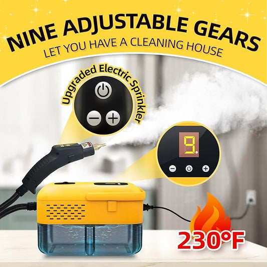 Heavy Duty Handheld Steam Cleaner, 15s Heat-Up, 9-Level Adjustable 2500W Pressurized Steamer for Cleaning with 14 Accessories, Multipurpose Portable Steam Cleanr for Home, Car, Grease, Grout（Yellow）