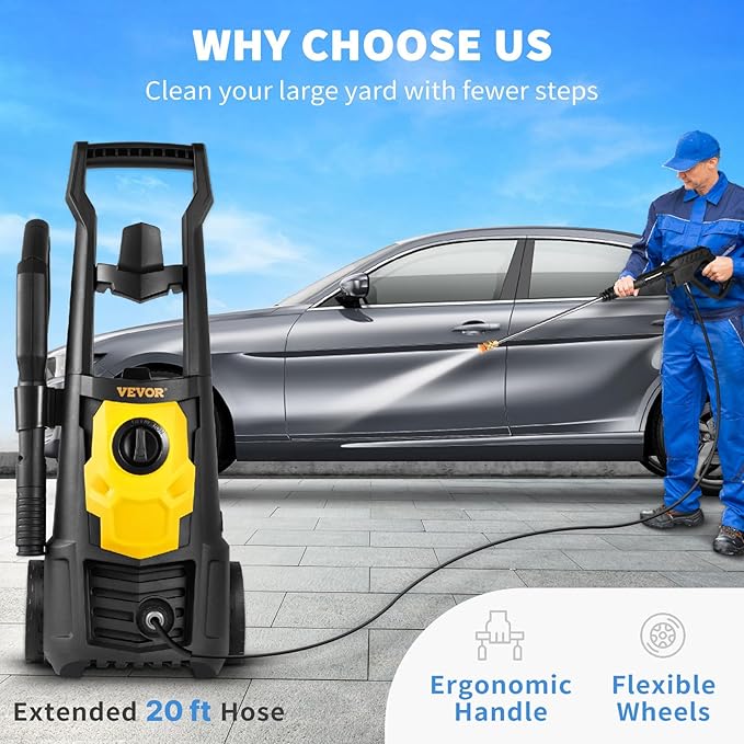 VEVOR Electric Pressure Washer, 2000 PSI 1.76 GPM, Portable Cleaner with 30ft Hose, Foam Cannon & 5 Nozzles for Cars, Patios, Fences - ETL Listed