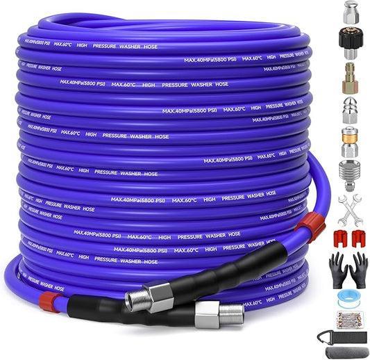150FT Sewer Jetter Kit for Pressure Washer 1/4"NPT Drain Cleaner Hose 5800PSI Corner Rotating and Button Hose Sewer Jetting Nozzle Pearl Corsage Pin Tape Handle Strap Spanner