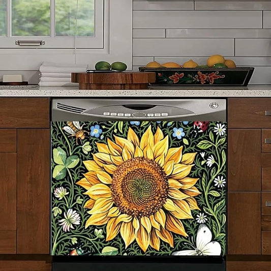 Sunflower Dishwasher Decorative Cover, Home Kitchen Dishwasher Decal Floral Refrigerator Cover Decals, Ordinary 23"x17"INCH