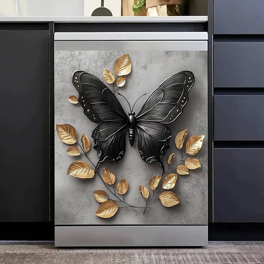 Black Butterfly Gold Leaf Dishwasher Magnet Cover Metalized Pattern Front Dishwasher Cover Magnetic Home Appliances Doors Panel Magnets Decals Kitchen Decorative 23" x 26"(Magnetic)