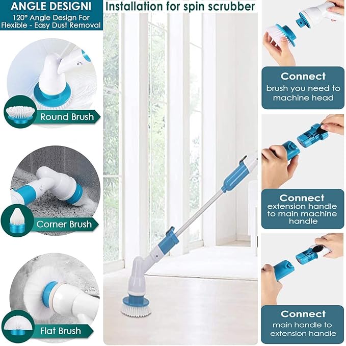 Electric Spin Scrubber,Cordless Power Tub and Tile Scrubber,3 Replaceable Plastic Cleaner Scrubber Brush Head,45-Inch Extension Arm Ideal for Tub,Tile,Floor,Toilet,Grout,Baseboard Cleaning Tool