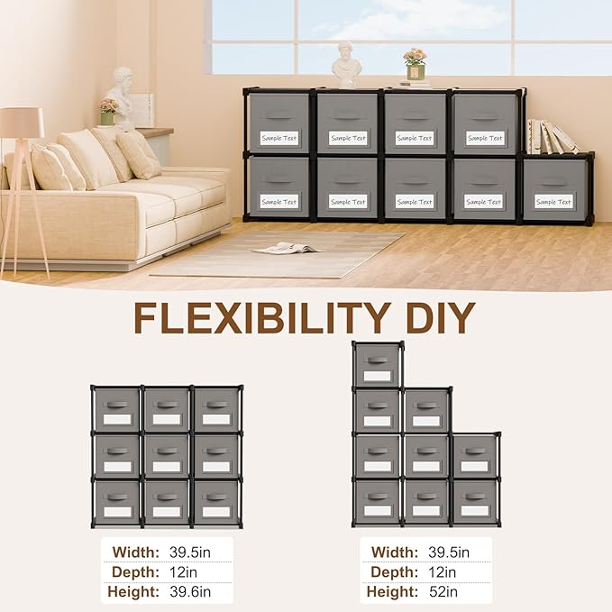 Geelin 9 Sets Cube Storage Organizer Bins with Shelf & Labels 11 Inch, Fabric Collapsible Cubby Toys Clothes Storage Drawer Unit for Daycare Nursery Playroom Bedroom Dorm Organizer (Gray)