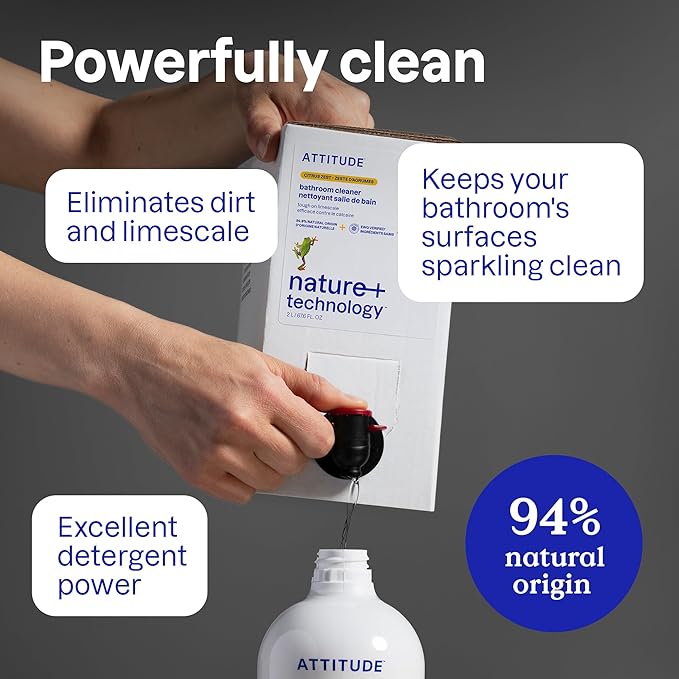 ATTITUDE Bathroom Cleaner Spray, EWG Verified, Plant-Based & Vegan, Safe for Bathroom Surfaces, Tiles, Tubs, Shower Walls, and Grout, Citrus Zest Scent, 27.1 Fl Oz (Pack of 6)